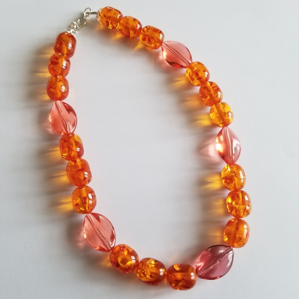 Handmade necklace orange pink reconstituted amber silver tone boho beaded